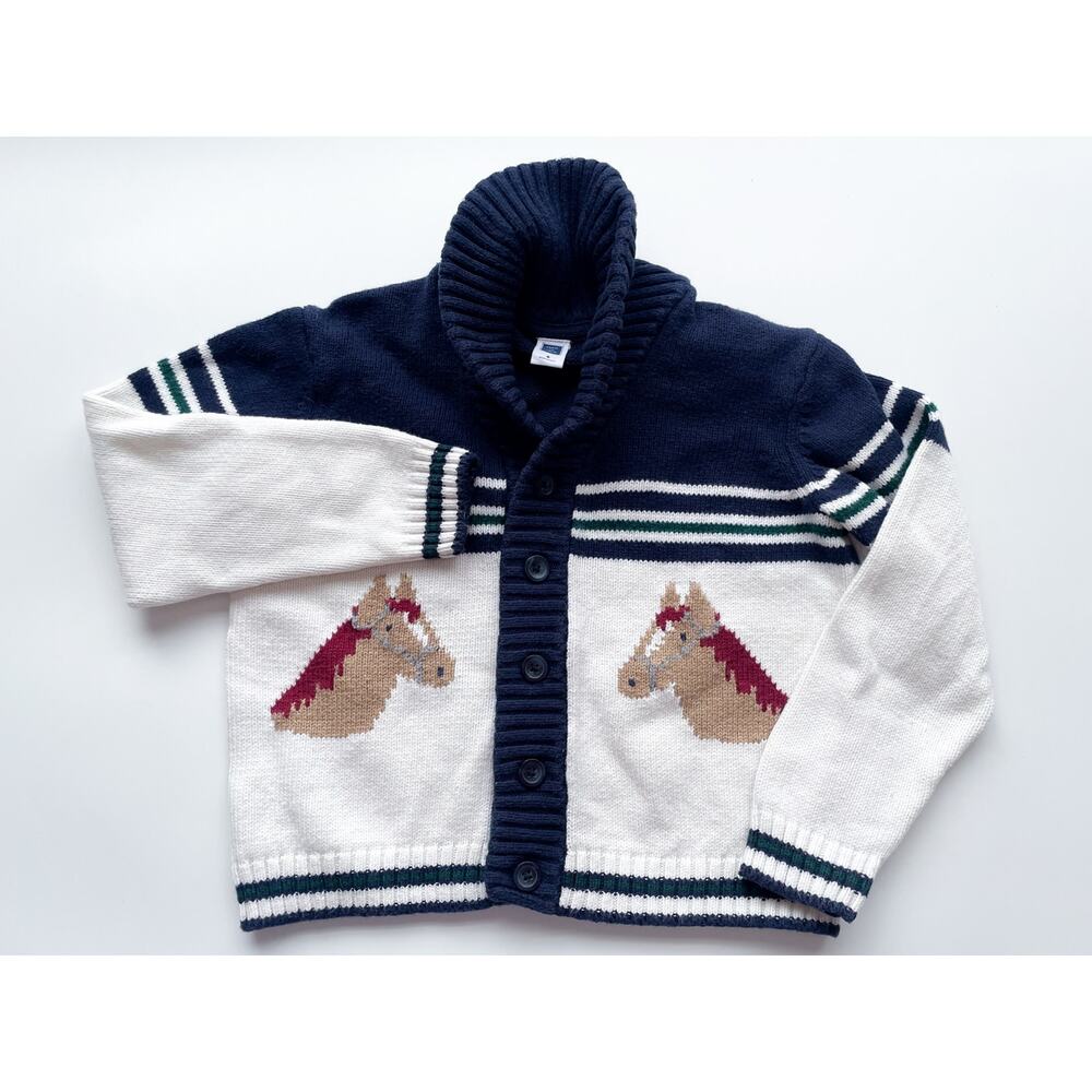 Boy's Janie & Jack Equestrian Preppy Western Navy & White Horse Cardigan Size 5